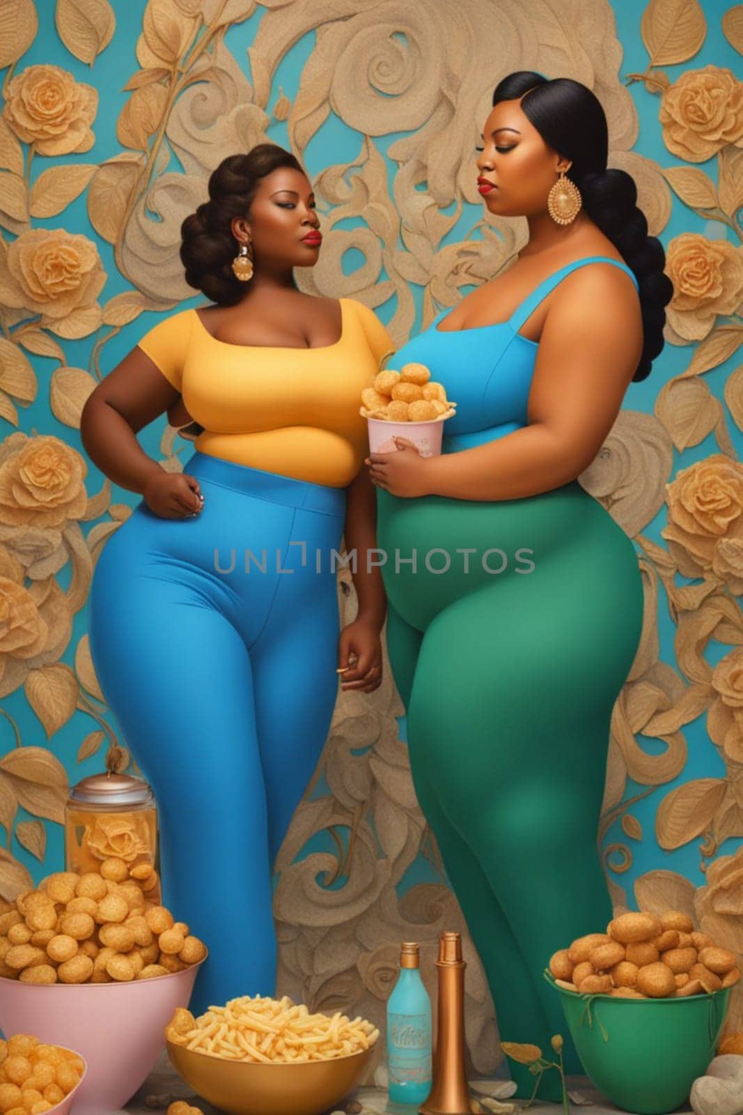 couple of modern empowered woman drink and eat, illustration , blue, copper and pastel tones by verbano