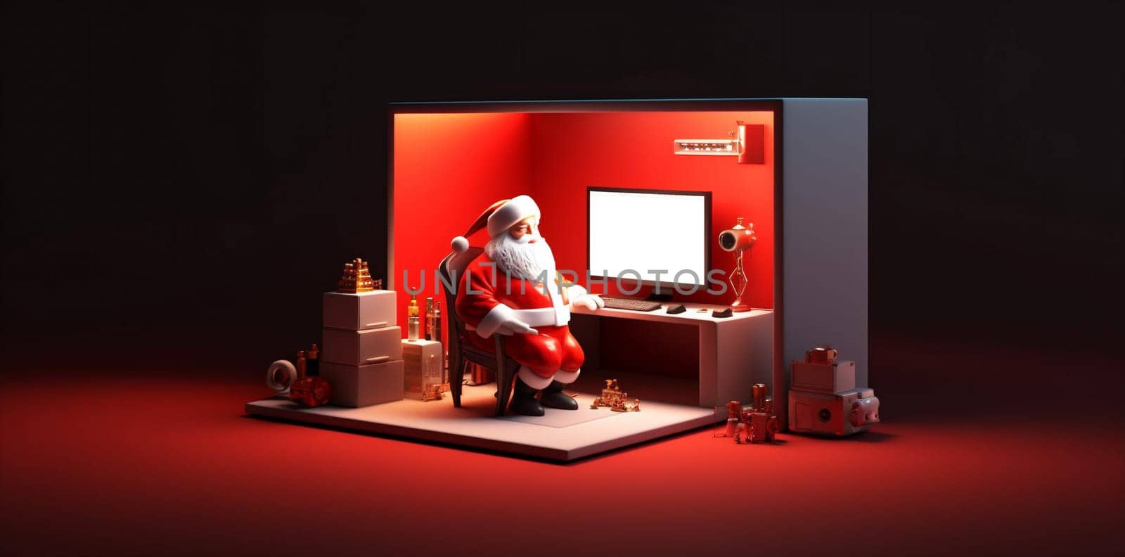 santa communication happy character family home laptop christmas house holiday. Generative AI. by Vichizh