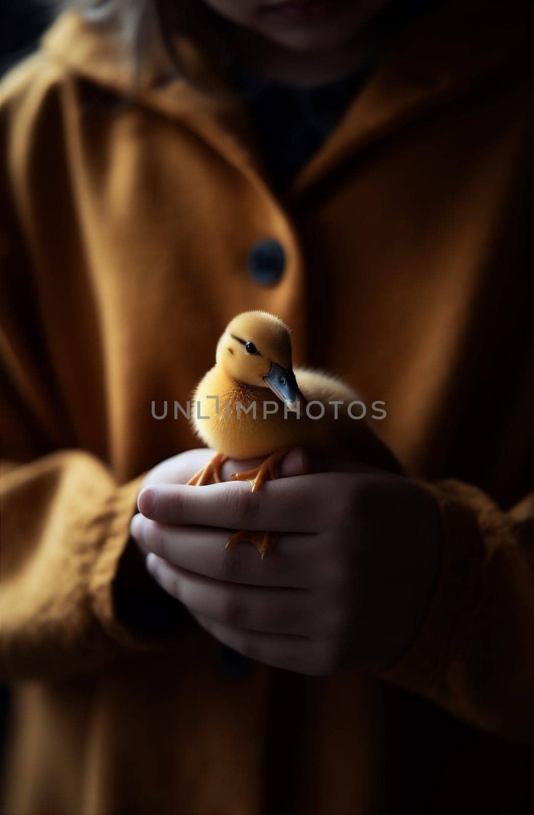 holding girl little summer child childhood happiness duckling portrait pet duck hand yellow newborn farm person beautiful close-up life bird. Generative AI.