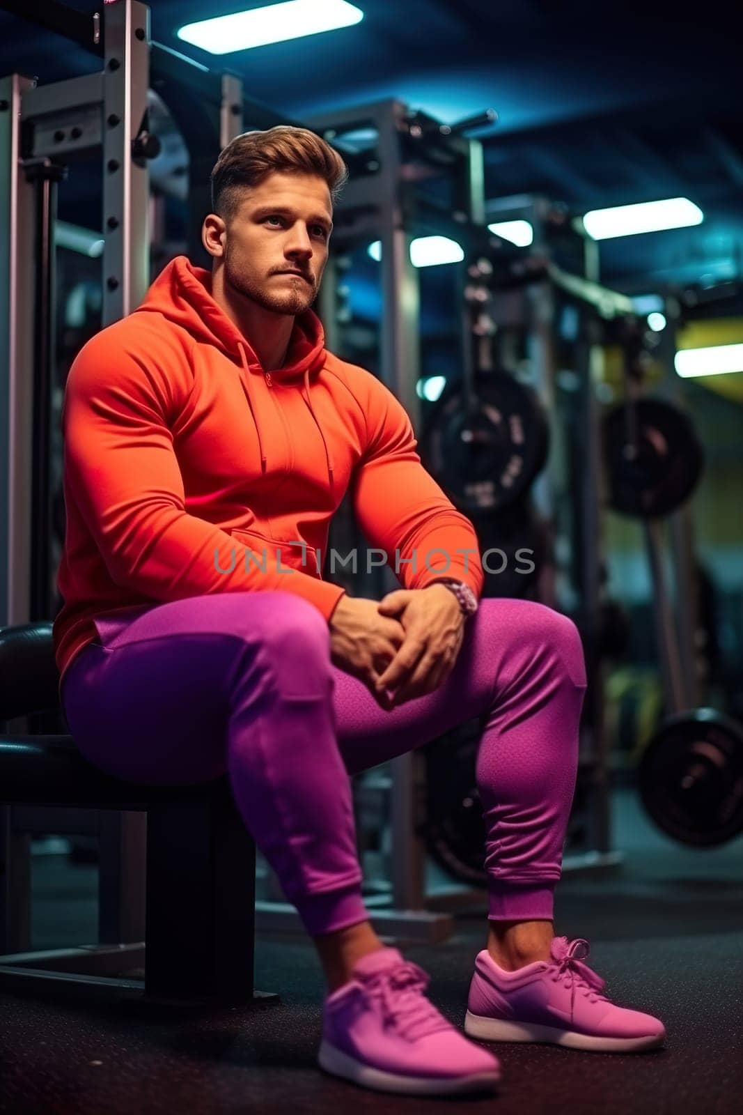 Young, athletic man in sportswear in a gym. Close-up view. Active, sporty man in fitness club. Generation Z. Beautiful, muscular body. Big muscles. Healthy lifestyle. Generative AI. by creativebird