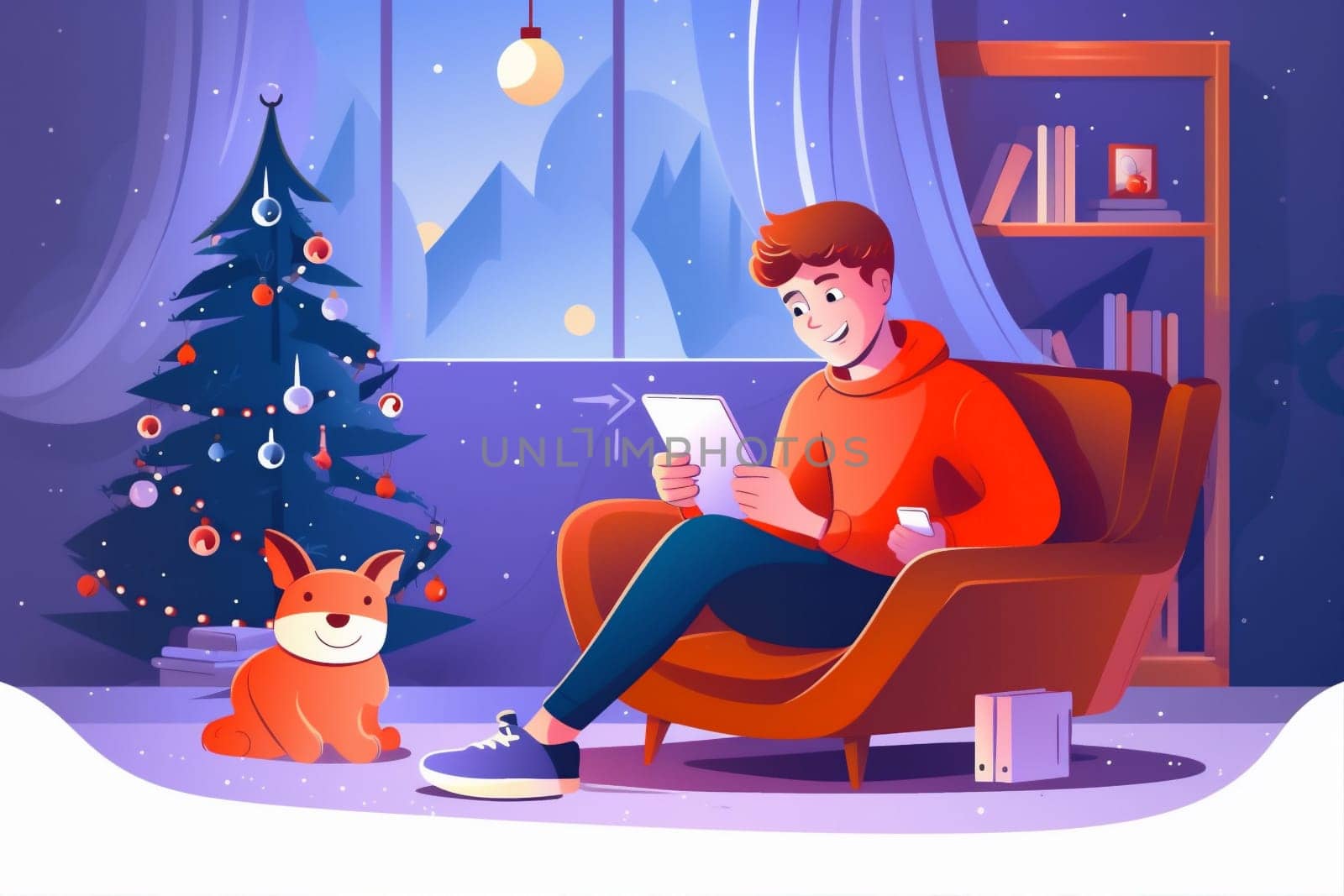 illustration chat new laptop online hat video together celebration computer home christmas baby child beautiful cyberspace happy indoor tree little christmas. Generative AI.