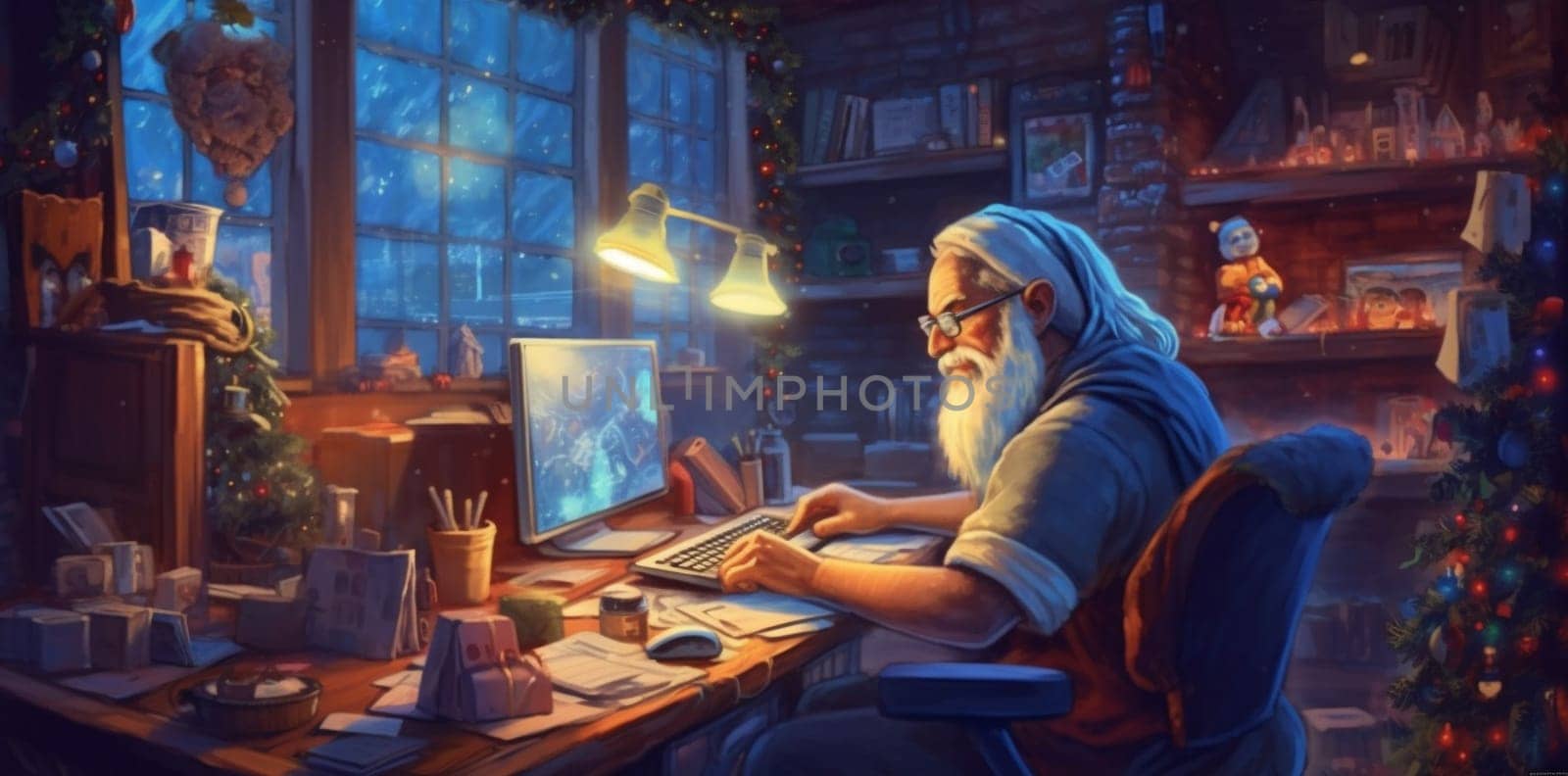 holiday home santa laptop character family communication house happy christmas. Generative AI. by Vichizh