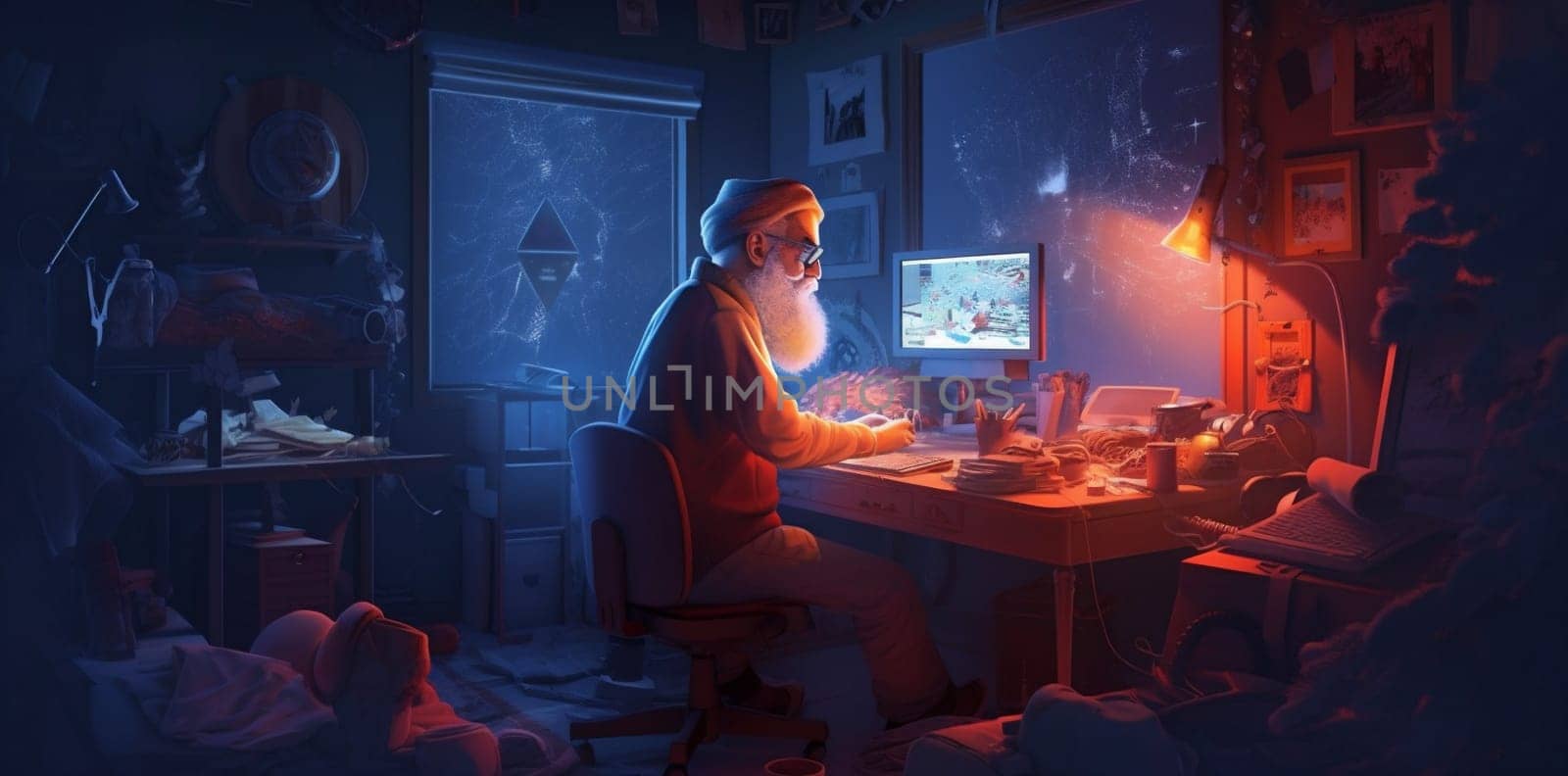 woman christmas man character communication home house new decoration virtual tree happy computer december holiday santa laptop chat quarantine family. Generative AI.