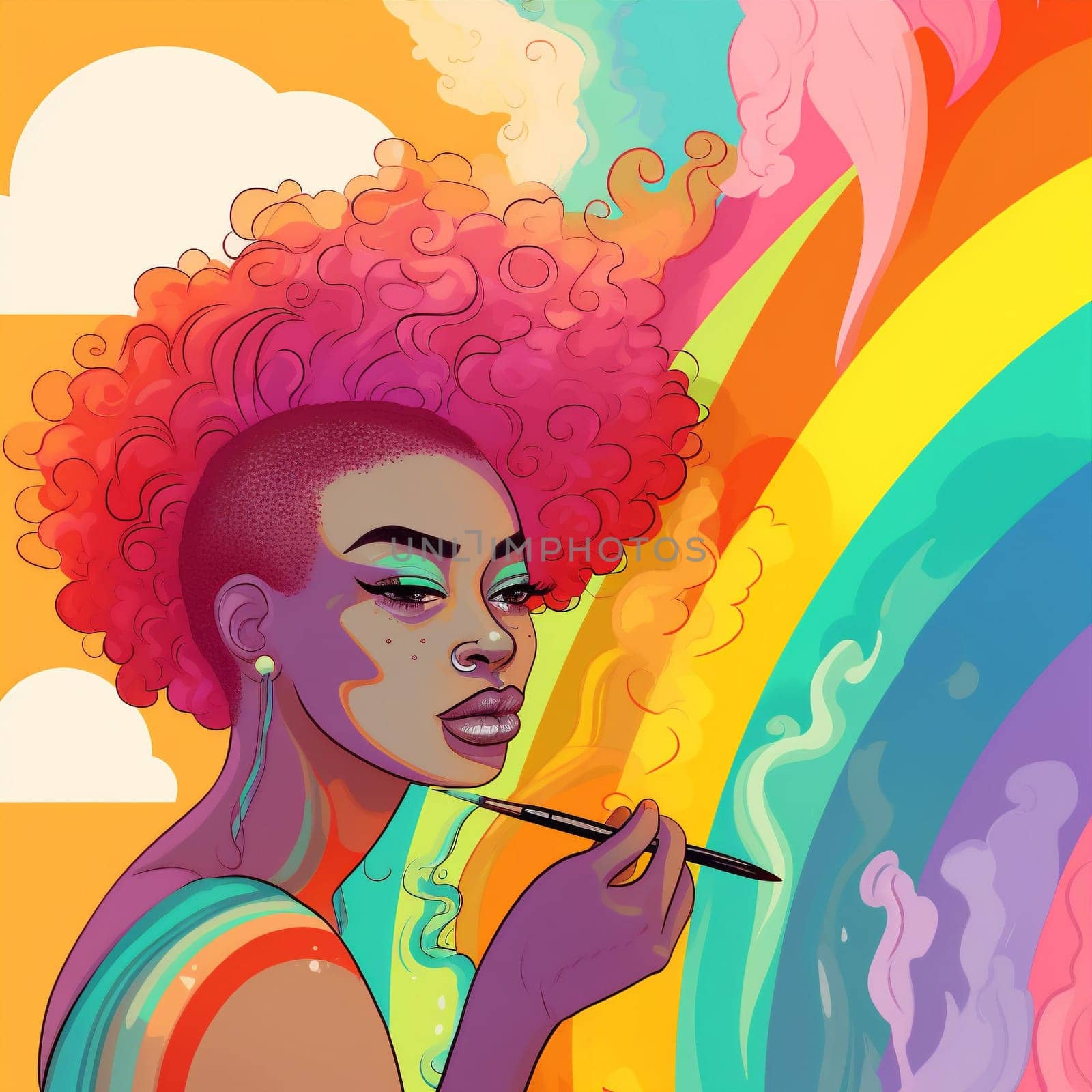 black woman face illustration make-up rainbow art hair fashion colourful colours. Generative AI. by Vichizh