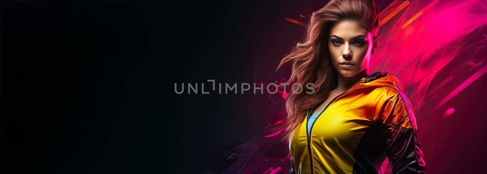 Young, athletic brunette woman in vibrant sportswear. Close-up view. Active, sporty, fitness girl. Generation Z. Beautiful, perfect body. Zumba, aerobic wear. Banner with copy space. Generative AI