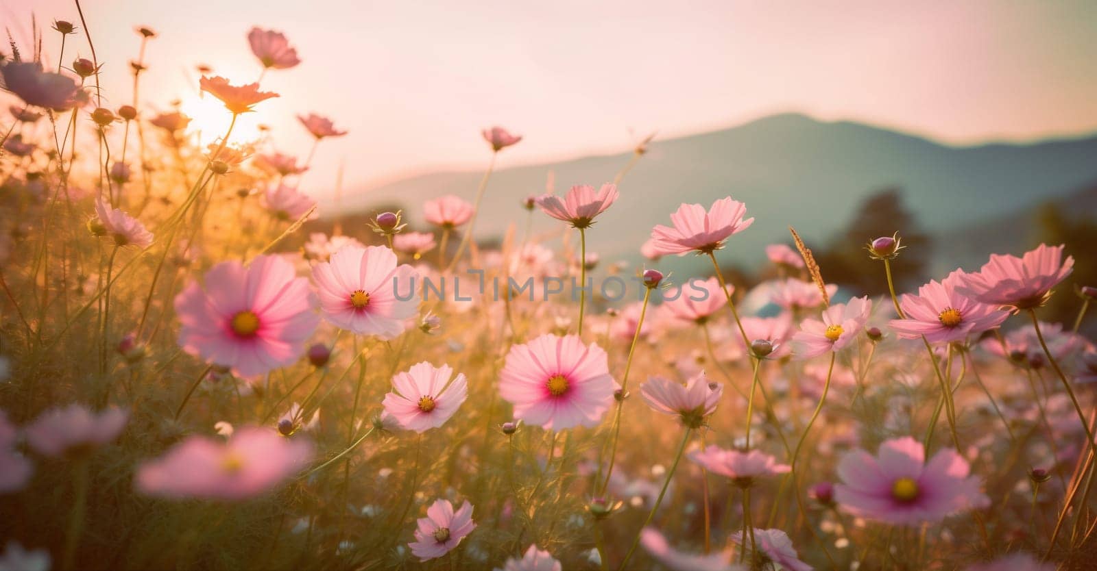 pink cosmos summer sunny sunset nature beauty flower petal purple violet vivid blossom field blooming colorful beautiful countryside bloom meadow background. Generative AI.