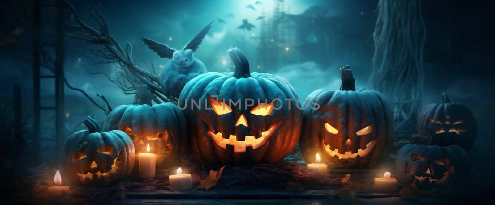 spooky celebration fear horror wood pumpkin night autumn candle funny tree october background blue gothic table halloween jack fall evil mystery. Generative AI.