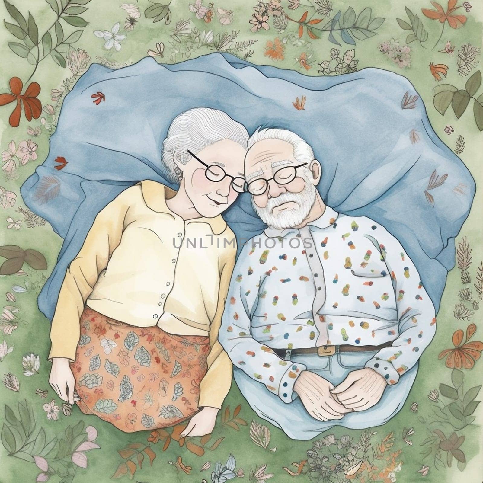 bed woman man together asleep senior old lying elderly pillow partner retired grandmother illustration rest love aged relax couple husband happy bedtime. Generative AI.