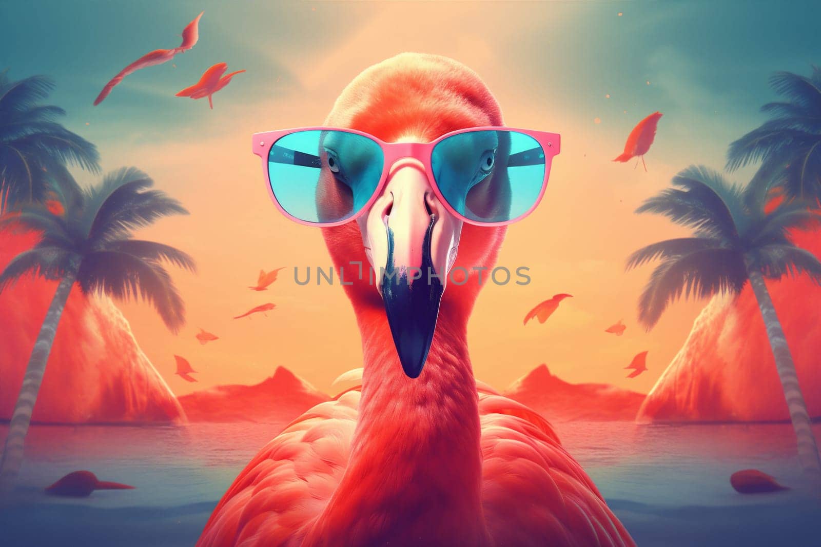 feather pink flamingo tropical animal summer sunglasses hipster party bird. Generative AI. by Vichizh