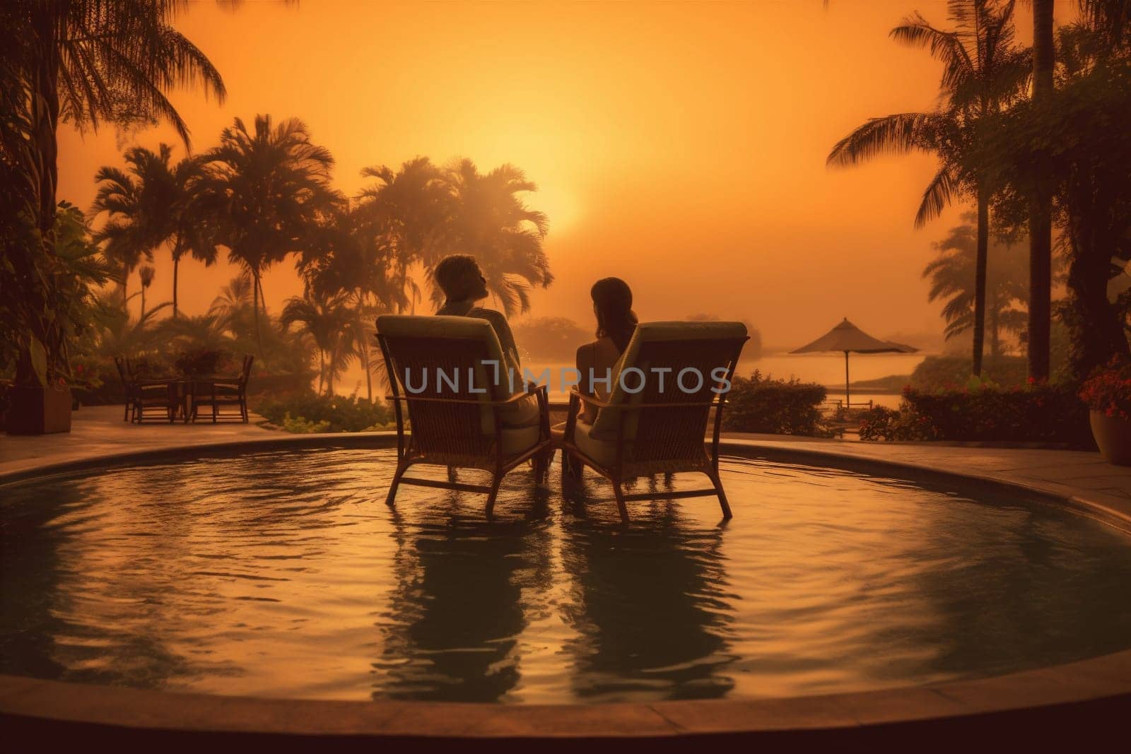 romantic swimming couple travel relax back honeymoon vacation sunset pool. Generative AI. by Vichizh