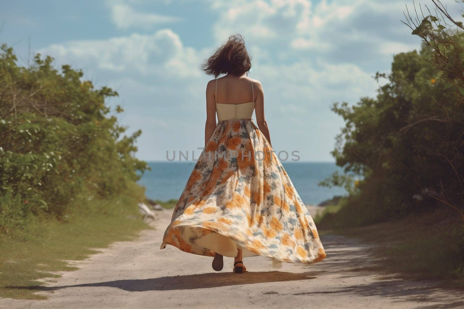 woman hippie summer sea dress beautiful person lifestyle fashion girl beach. Generative AI. by Vichizh