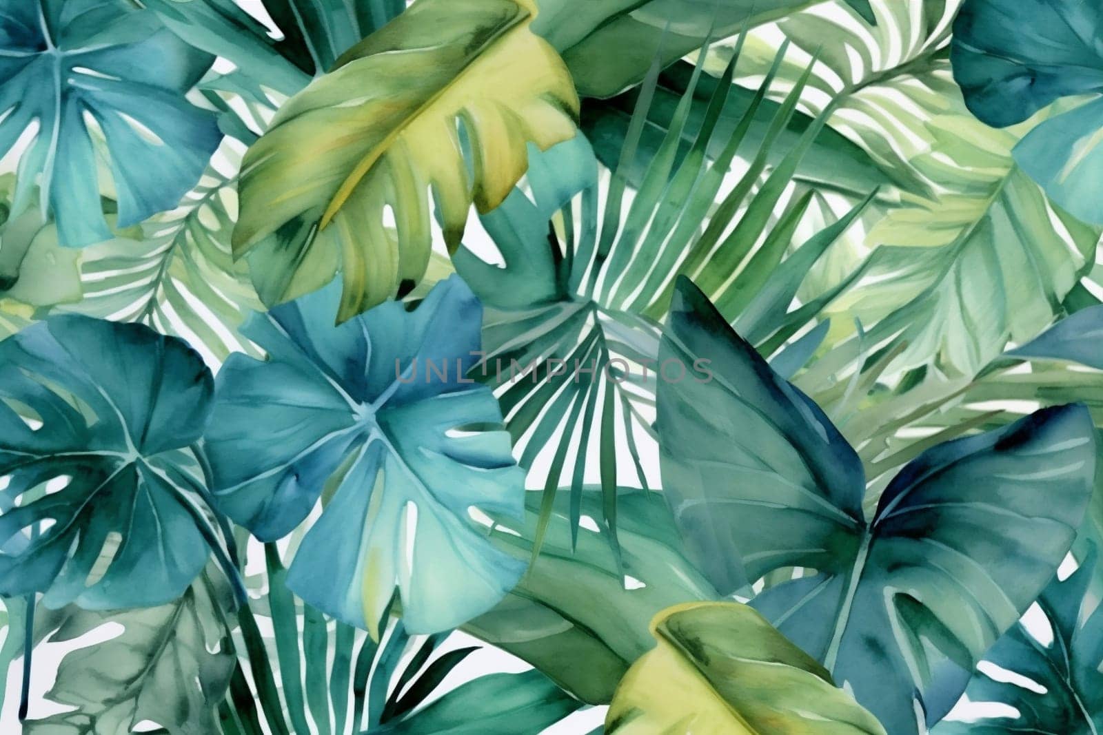 seamless design jungle leaf tropical trendy pattern retro botanical texture paper beach palm summer colorful template silhouette tropic paint background wallpaper. Generative AI.