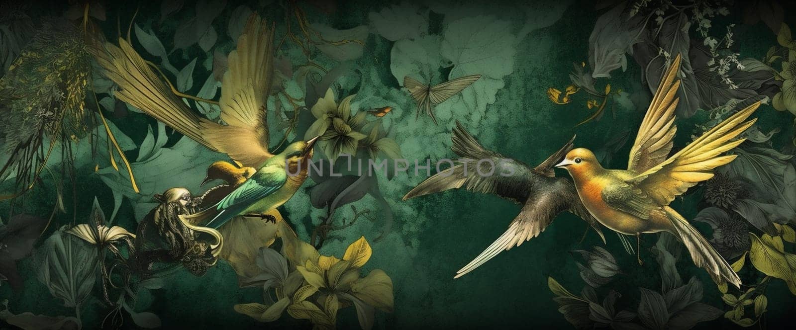 nature bird seamless exotic tropical vintage dark interior abstract retro flower wallpaper palm design flora plant garden leaf art jungle. Generative AI.