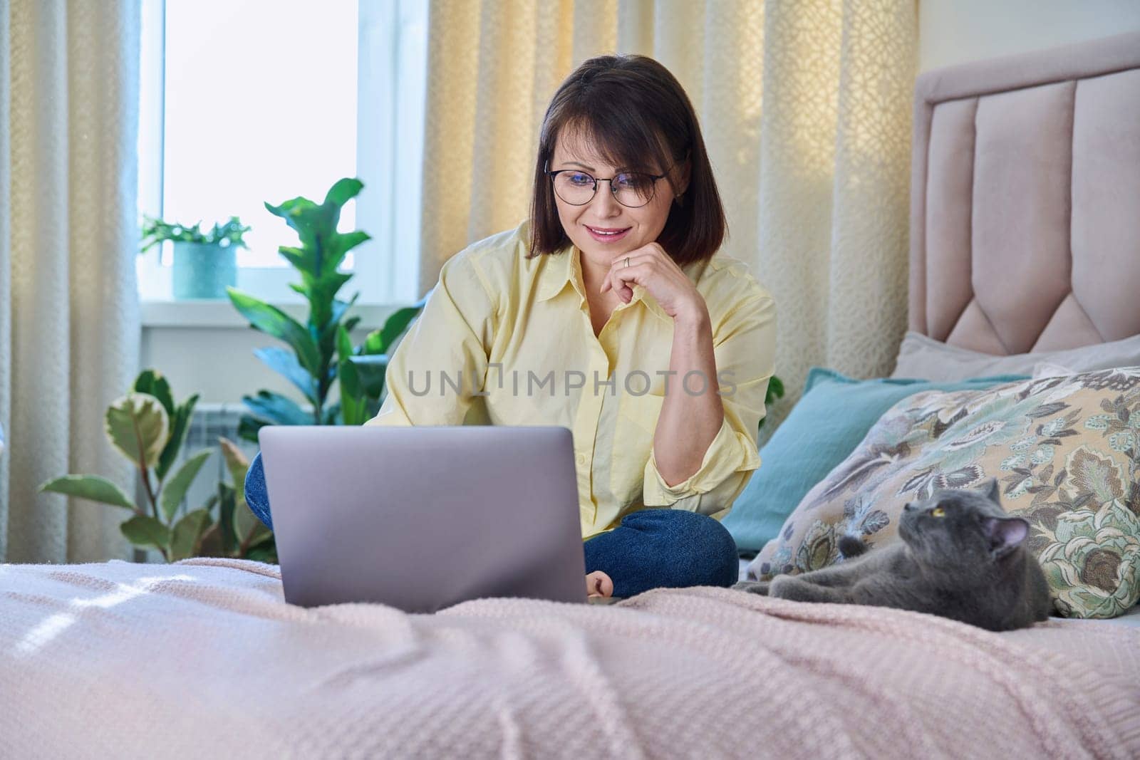 Middle aged woman at home on couch with laptop and cat by VH-studio