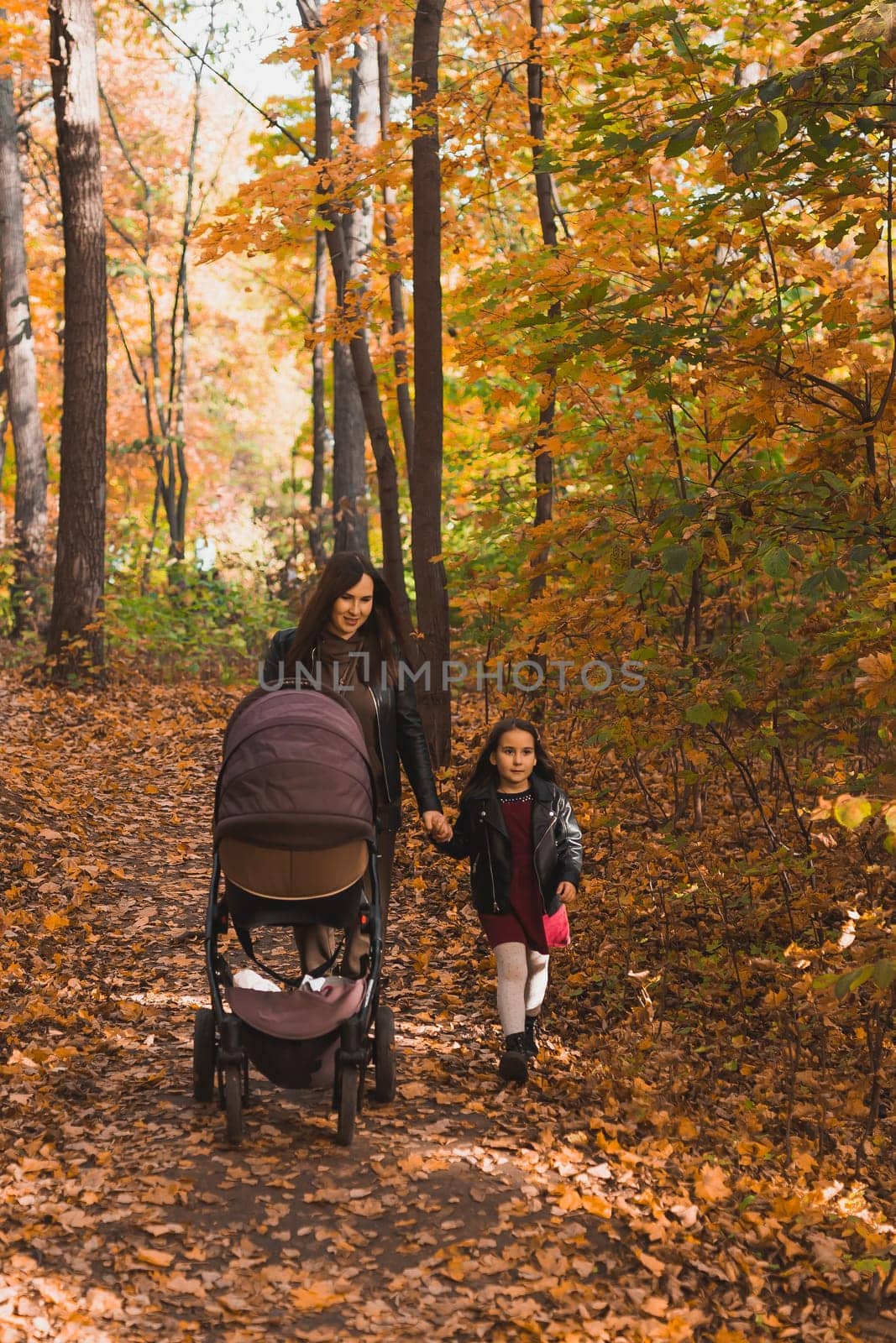 Mother and her little daughter and a baby in pram on walk in autumn wood by Satura86