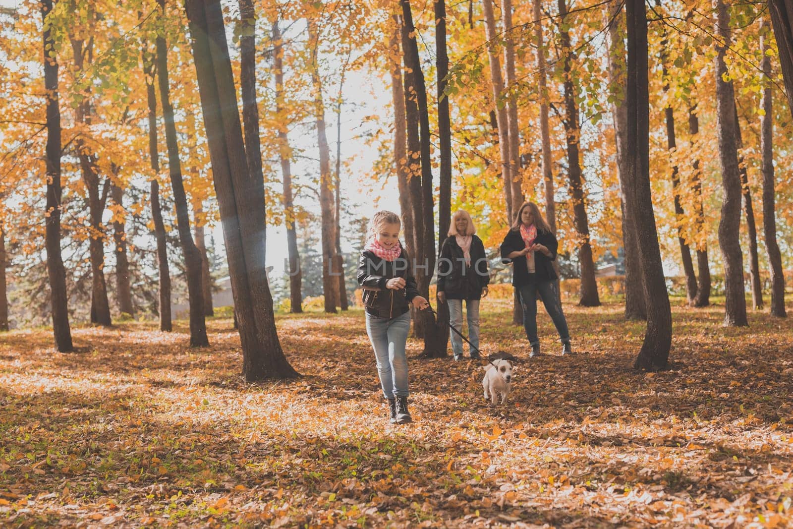 Grandmother and mother with granddaughter walks together in autumn park and having fun. Generation, leisure and family concept. by Satura86