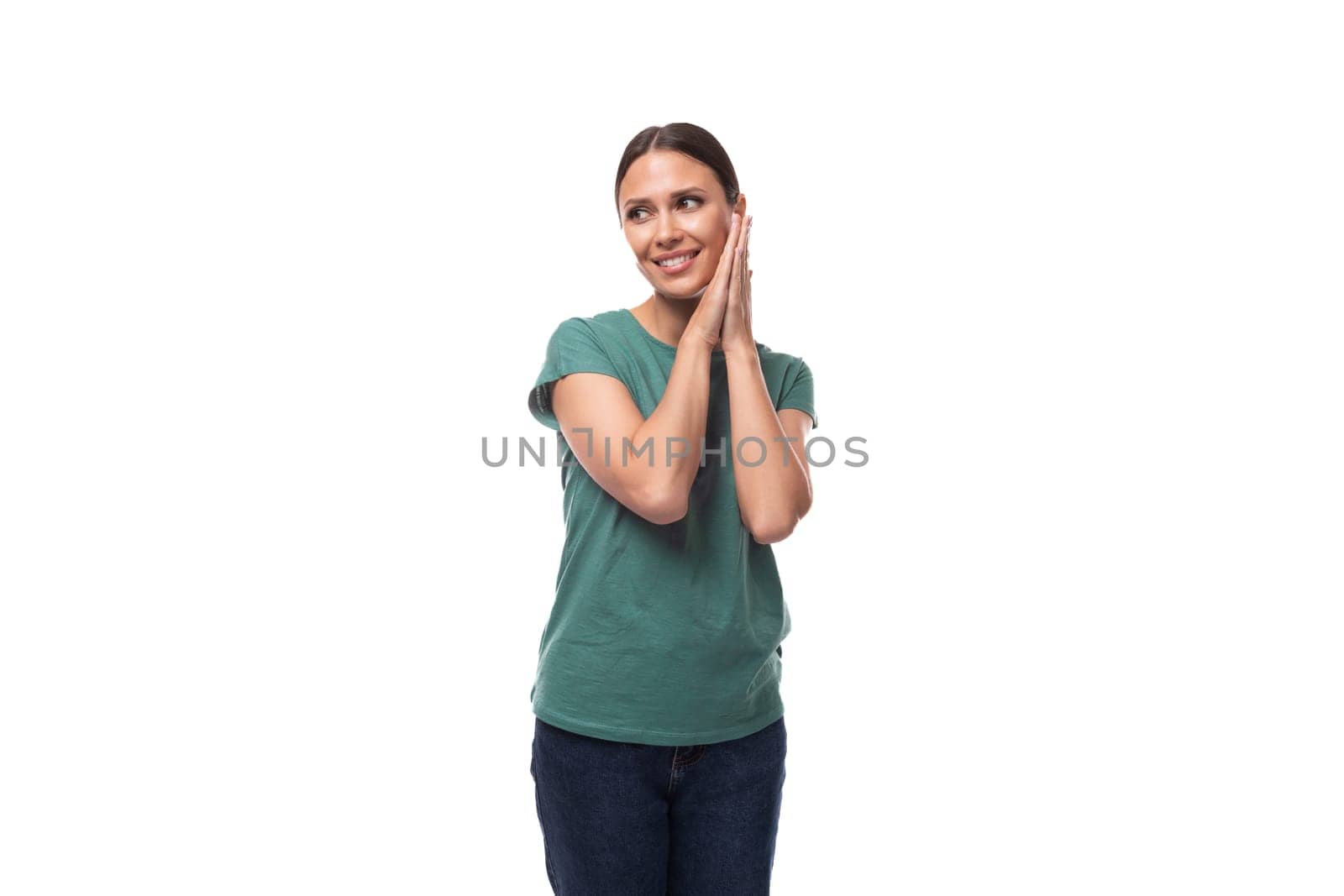 young woman with black hair and a slim figure dressed in a green T-shirt posing on a white background by TRMK