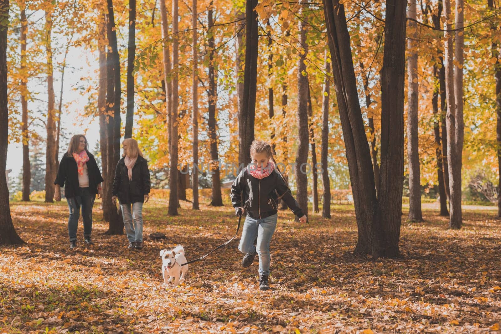 Grandmother and mother with granddaughter throw up fall leaves in autumn park and having fun. Generation, leisure and family concept