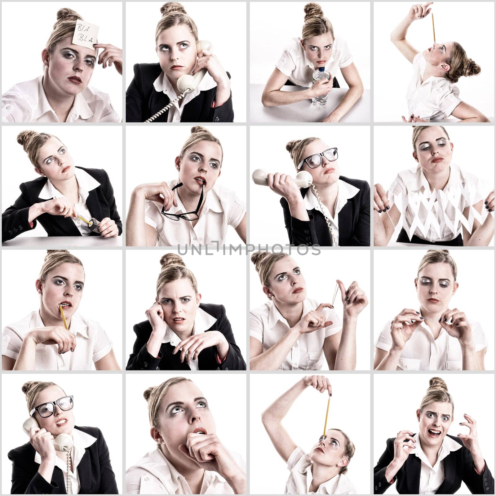 Composing of 16 Images of a young business women who is bored at the office.