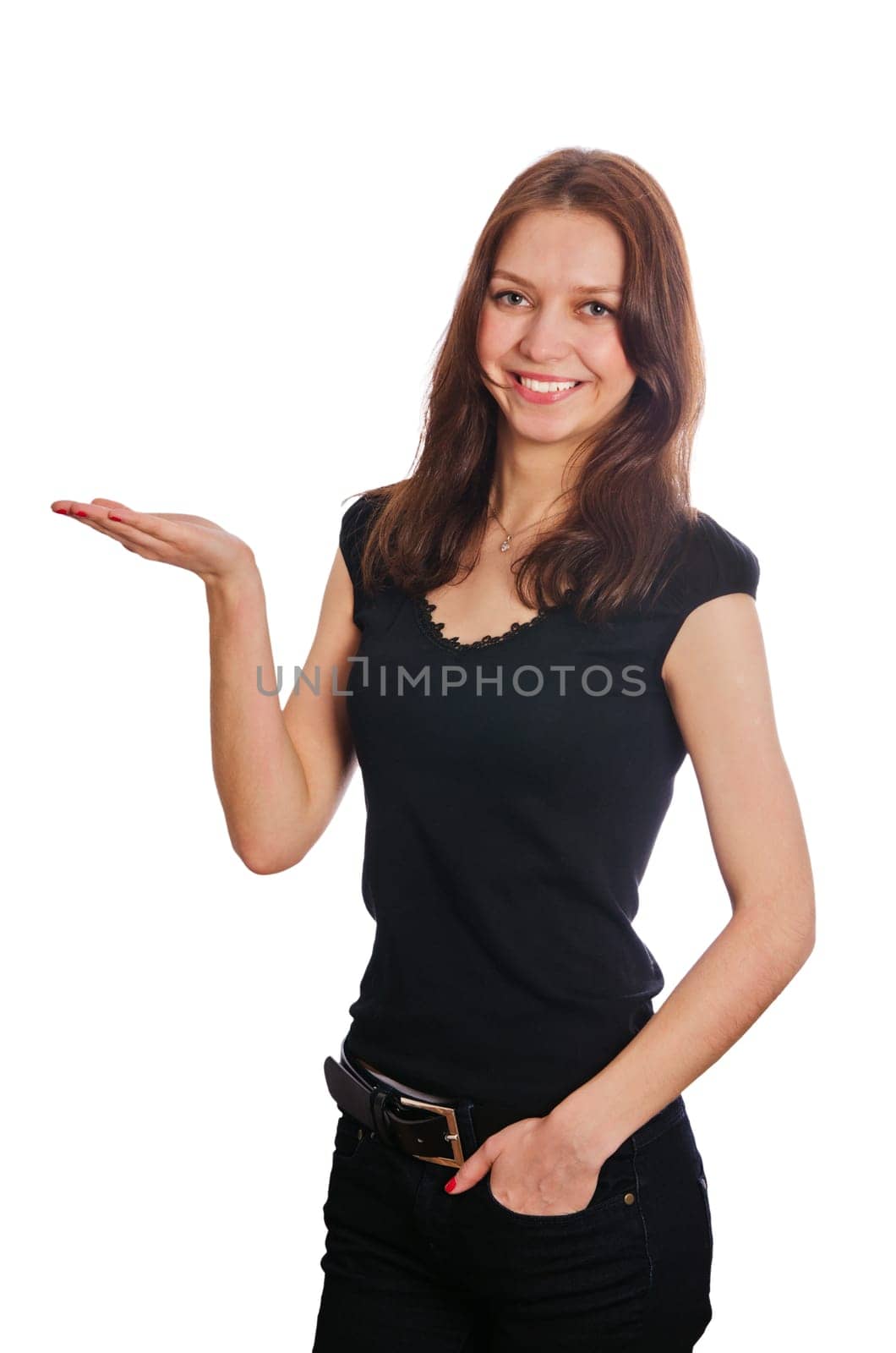 Portrait of pretty young woman holding her hands out and presenting your product