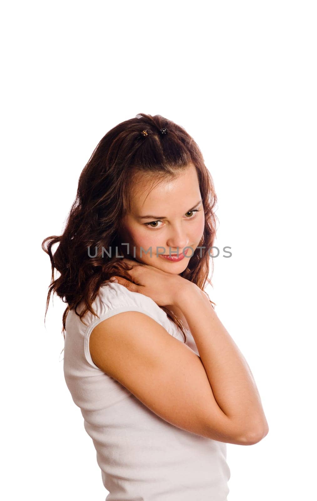 Portrait dreaming the young beautiful woman it is isolated on white