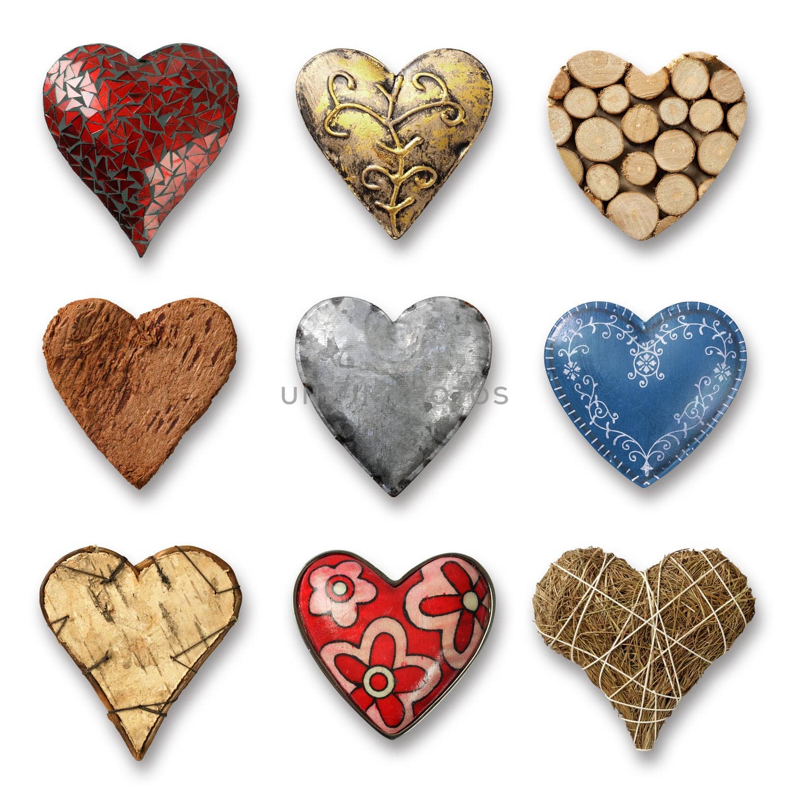 Photos of nine heart-shaped things made of stone, metal and wood on white background. Shadows visible.