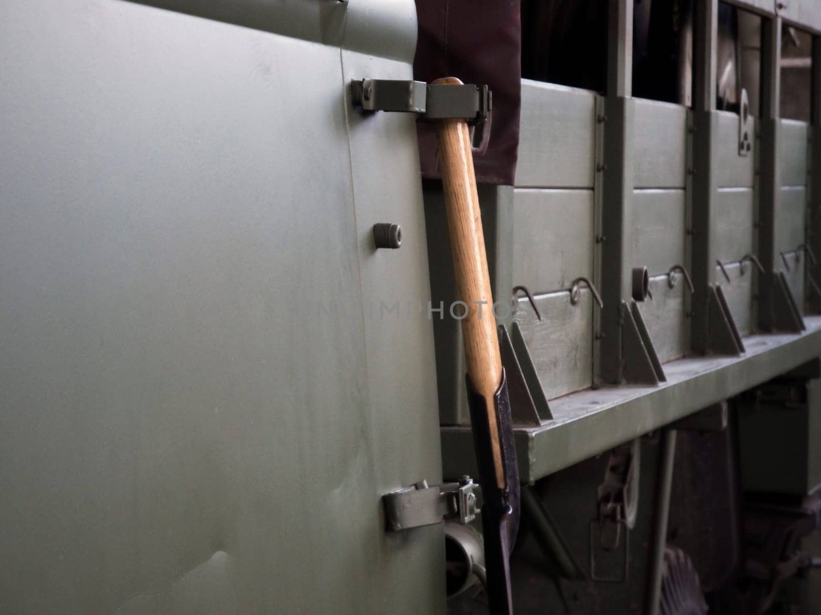 Perspective detail of a GDR army crew car (type: Robur) with spade holder on the driver's cab