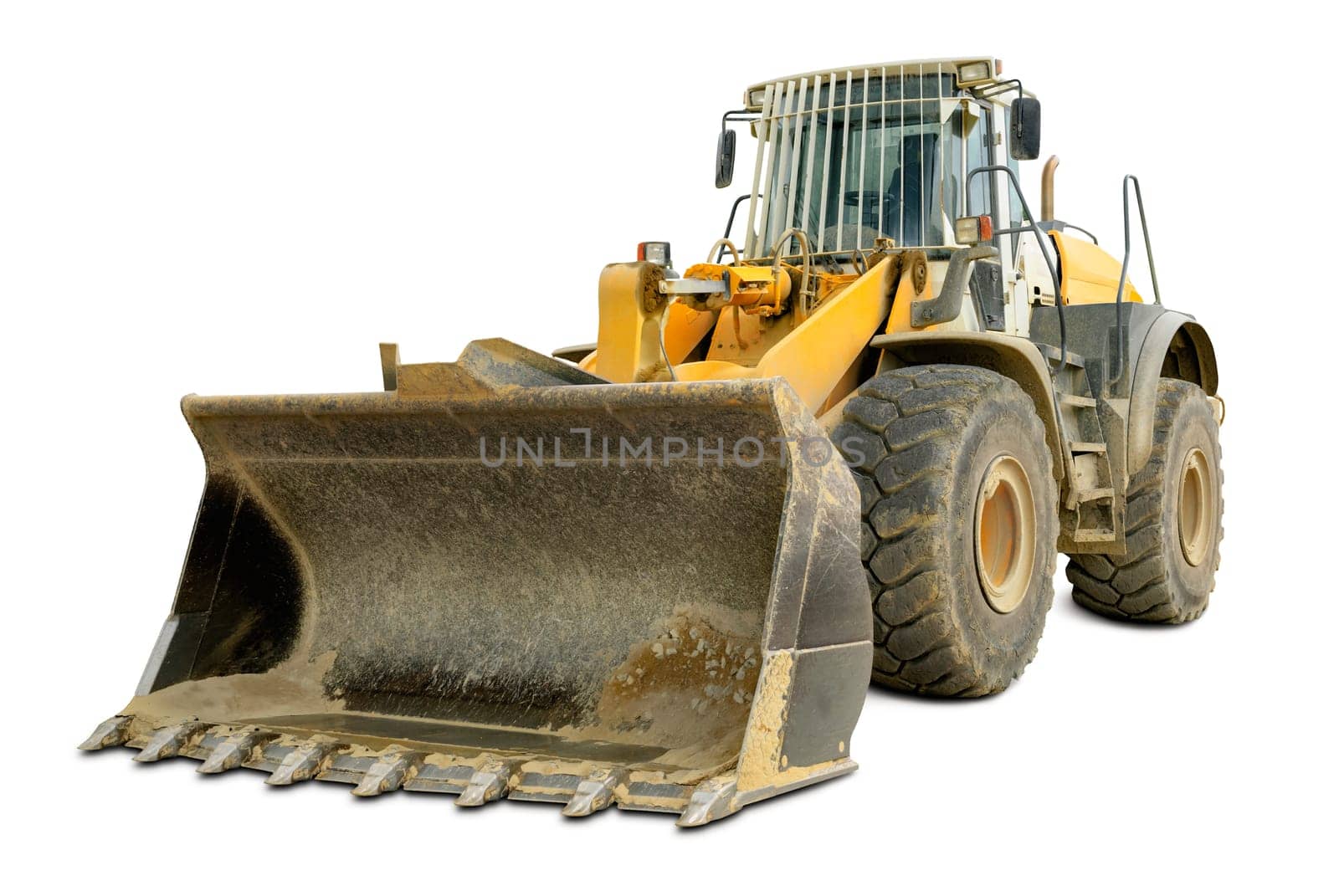 Dusty shovel excavator isolated on white background