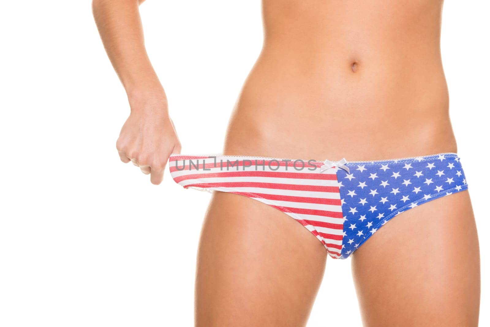 Woman with USA underwear against white background