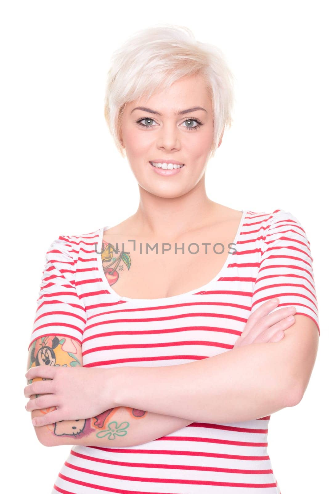 Young and happy woman in front of white background