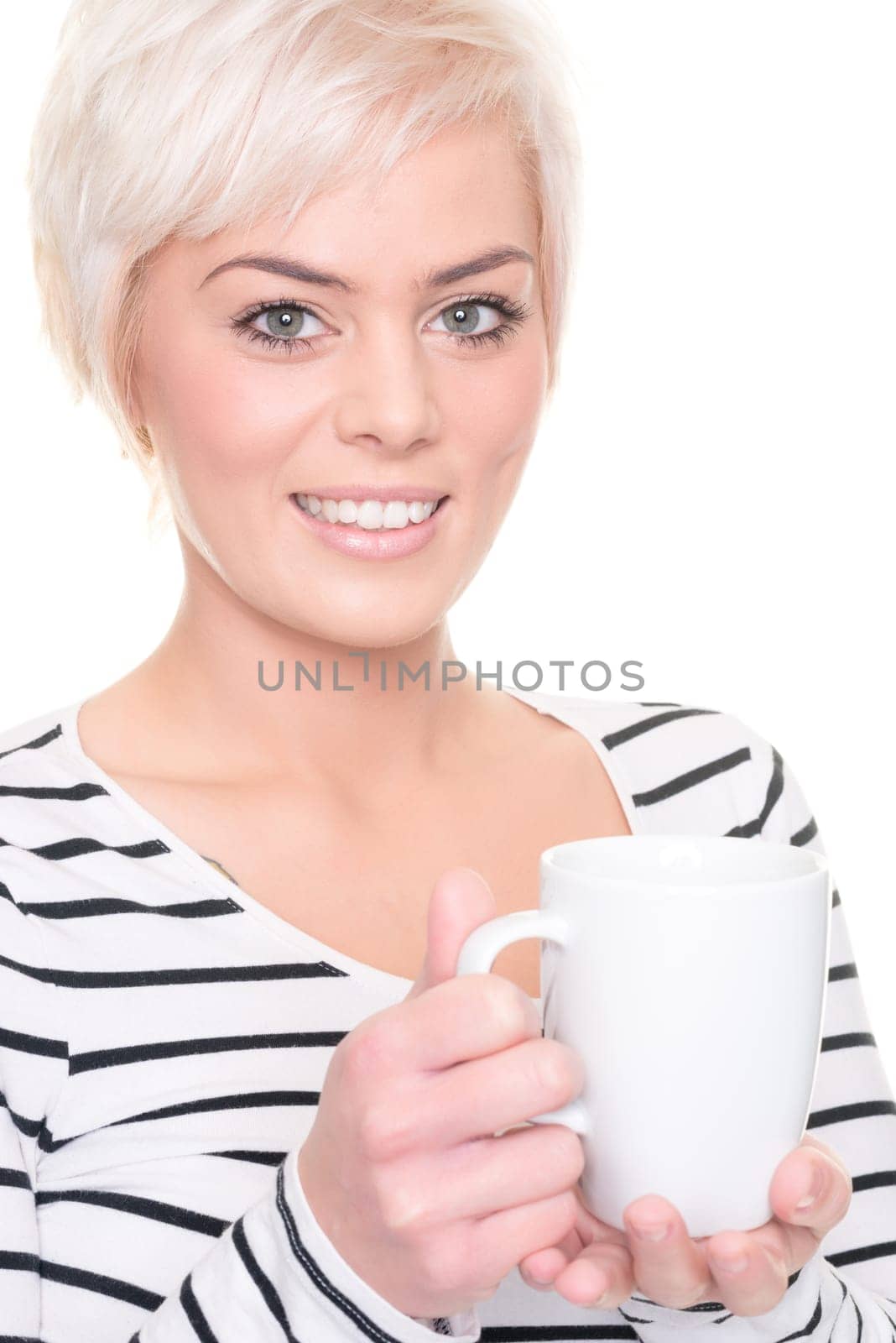 Young and happy woman in front of white background