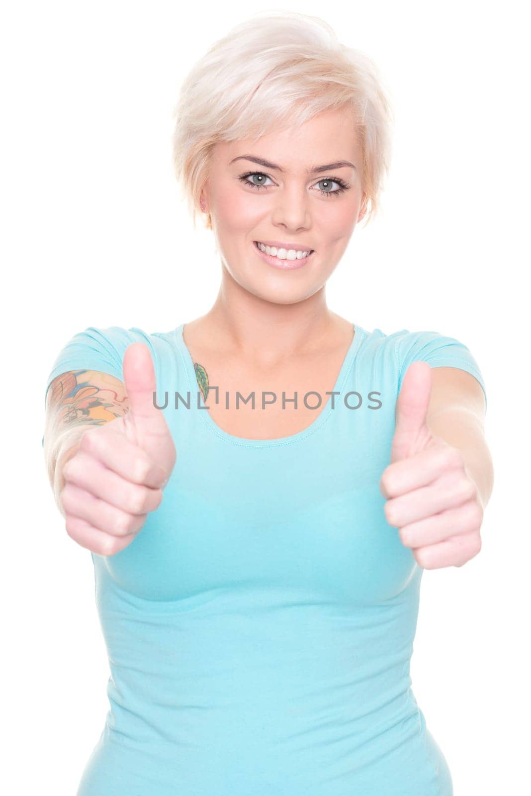 Young and happy woman in front of white background