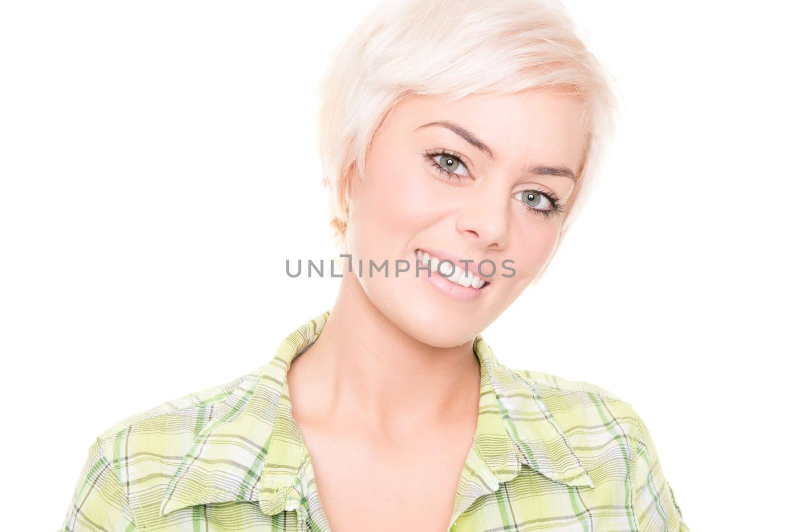 Young and happy woman in front of white background