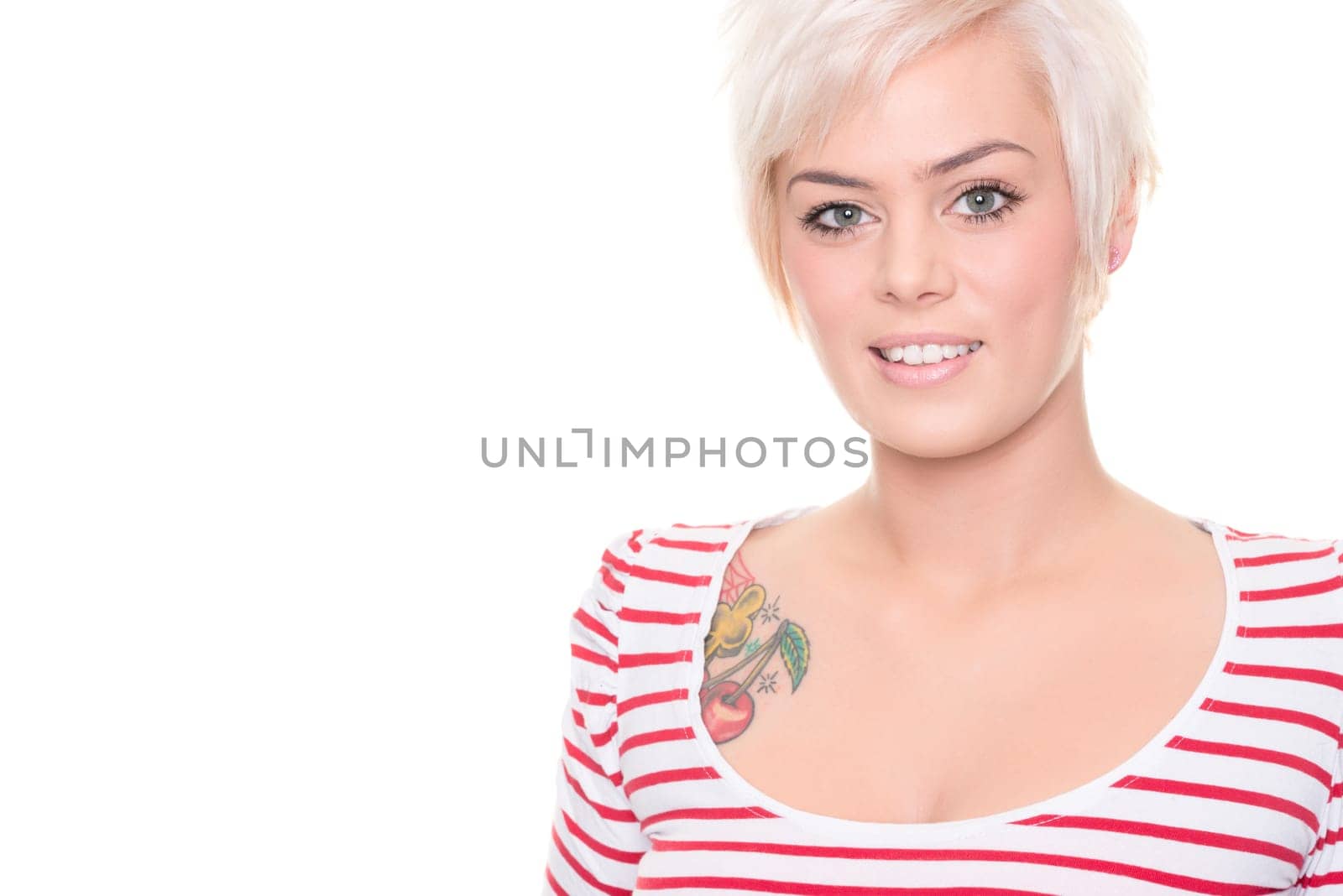 Young and happy woman in front of white background