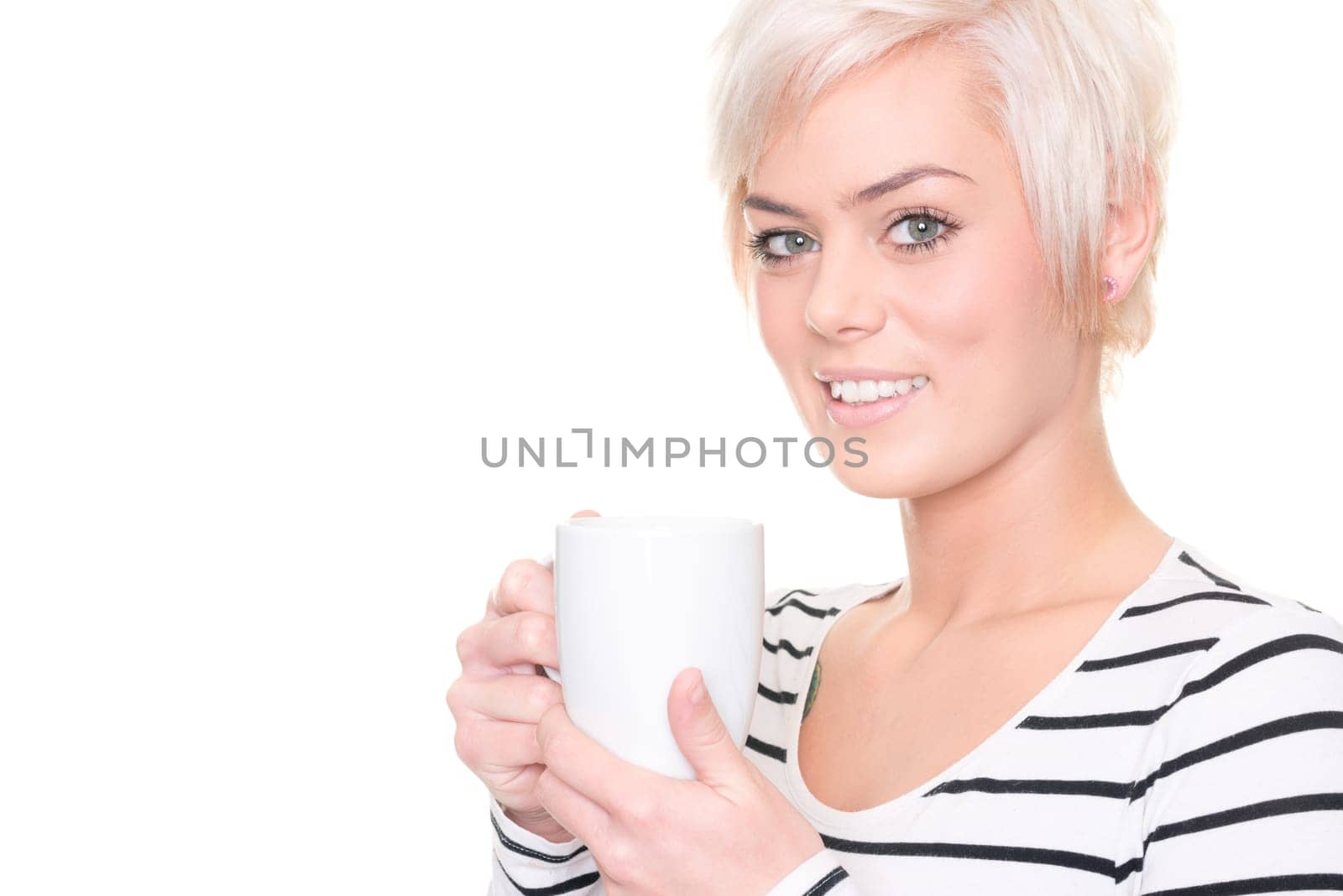 Young and happy woman in front of white background