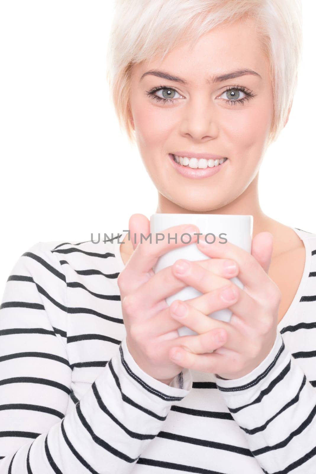 Young and happy woman in front of white background