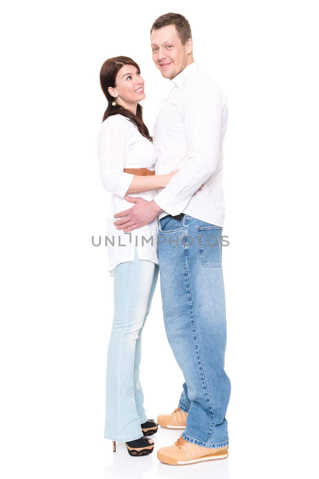 Studio shot of a young couple against a white background