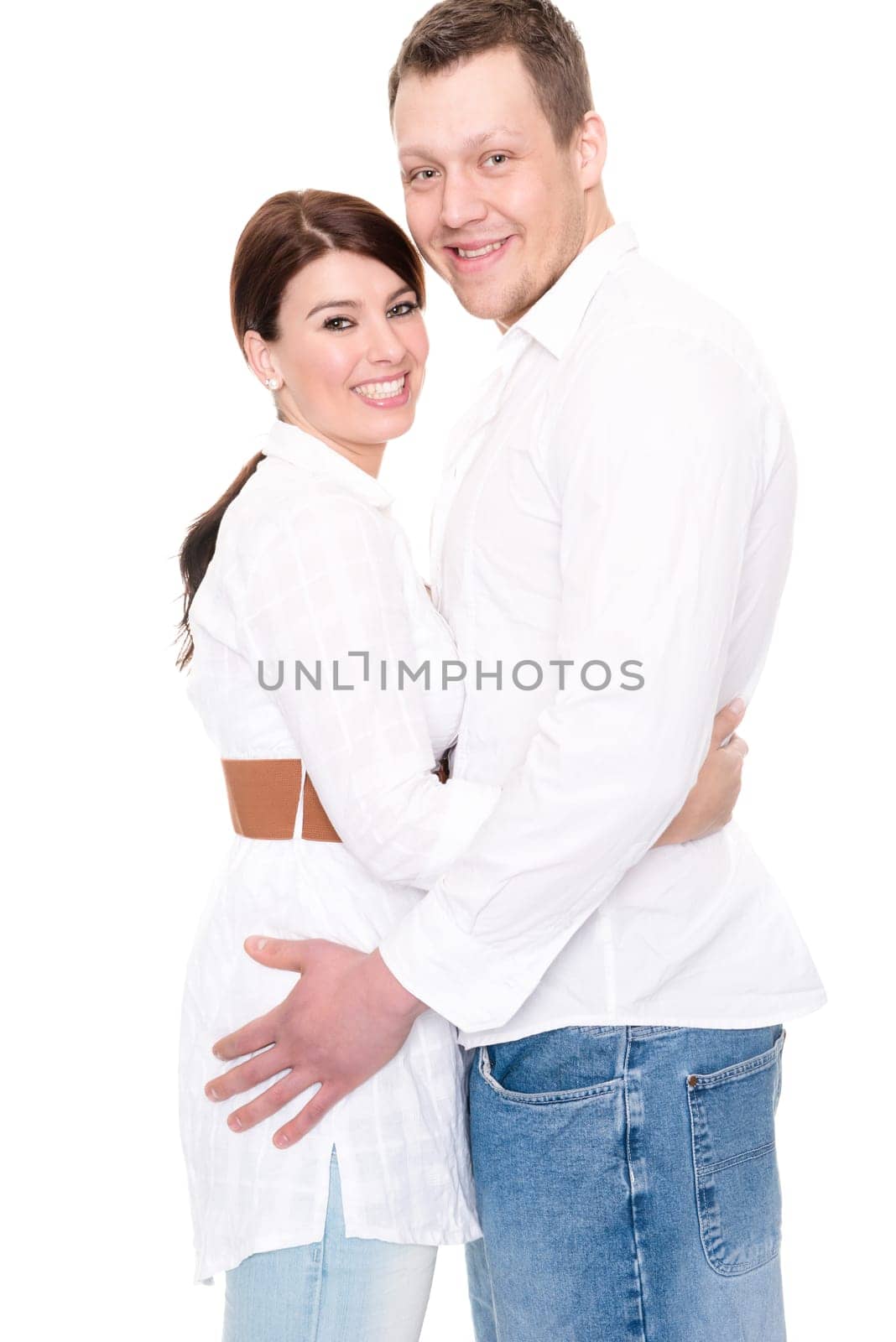 Studio shot of a young couple against a white background