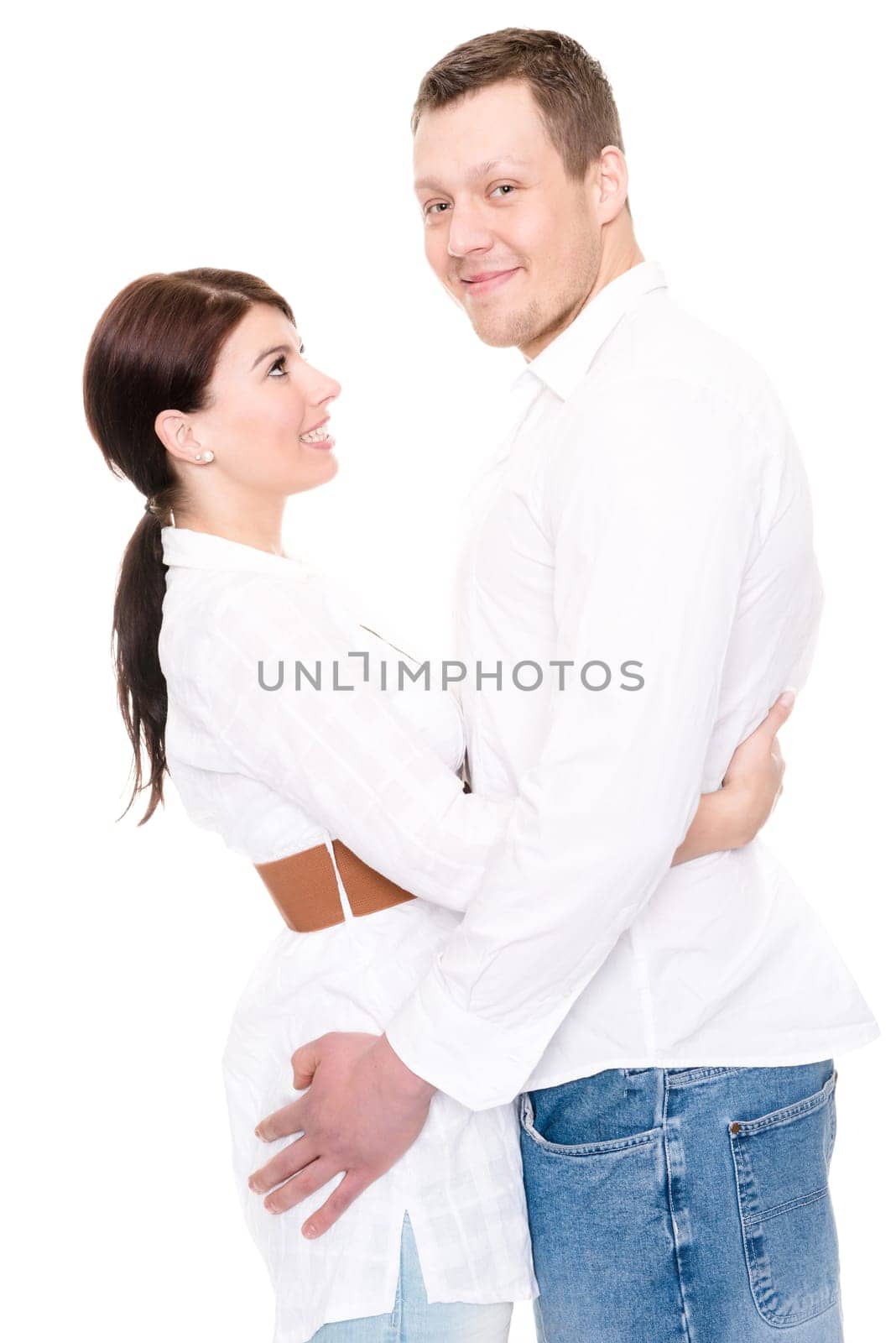 Studio shot of a young couple against a white background