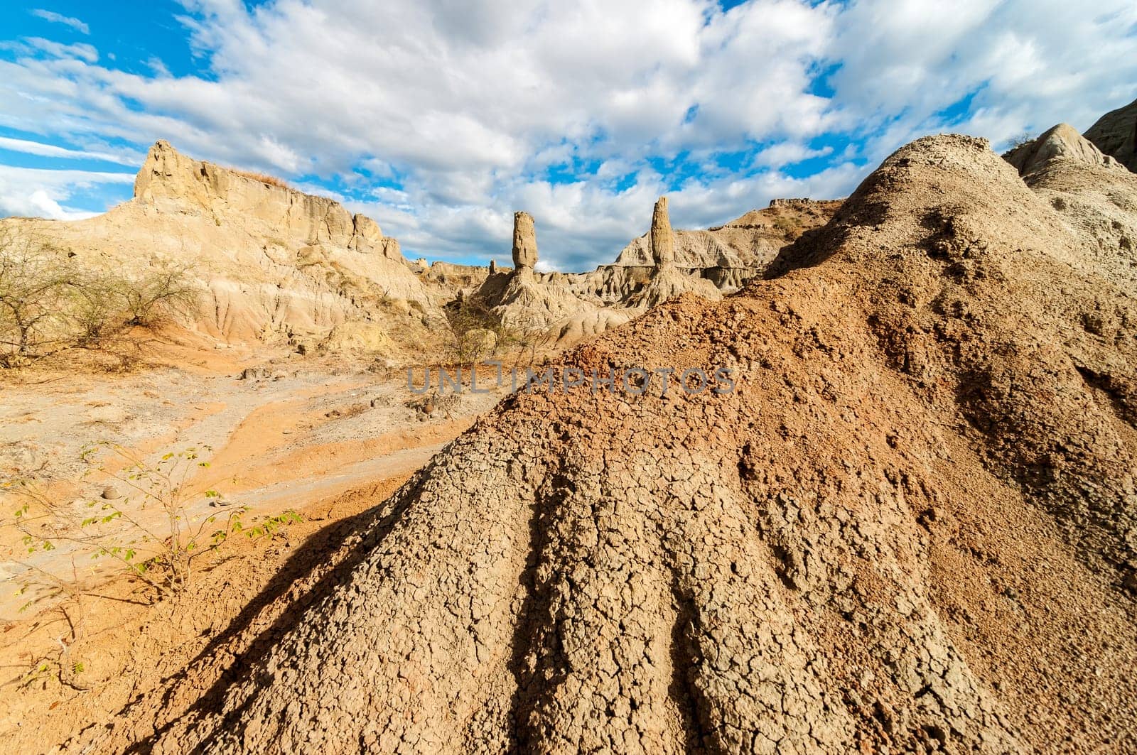 View of stone columns in a desert in Huila, Colombia
