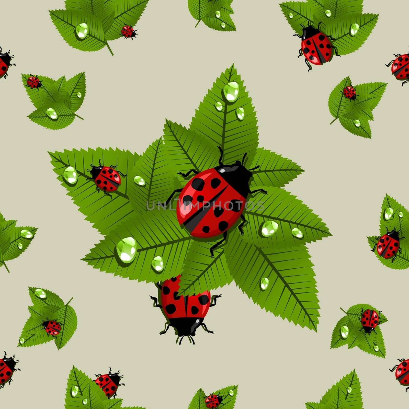 Lucky spring leaves and ladybird seamless pattern. Vector file layered for easy manipulation and custom coloring.