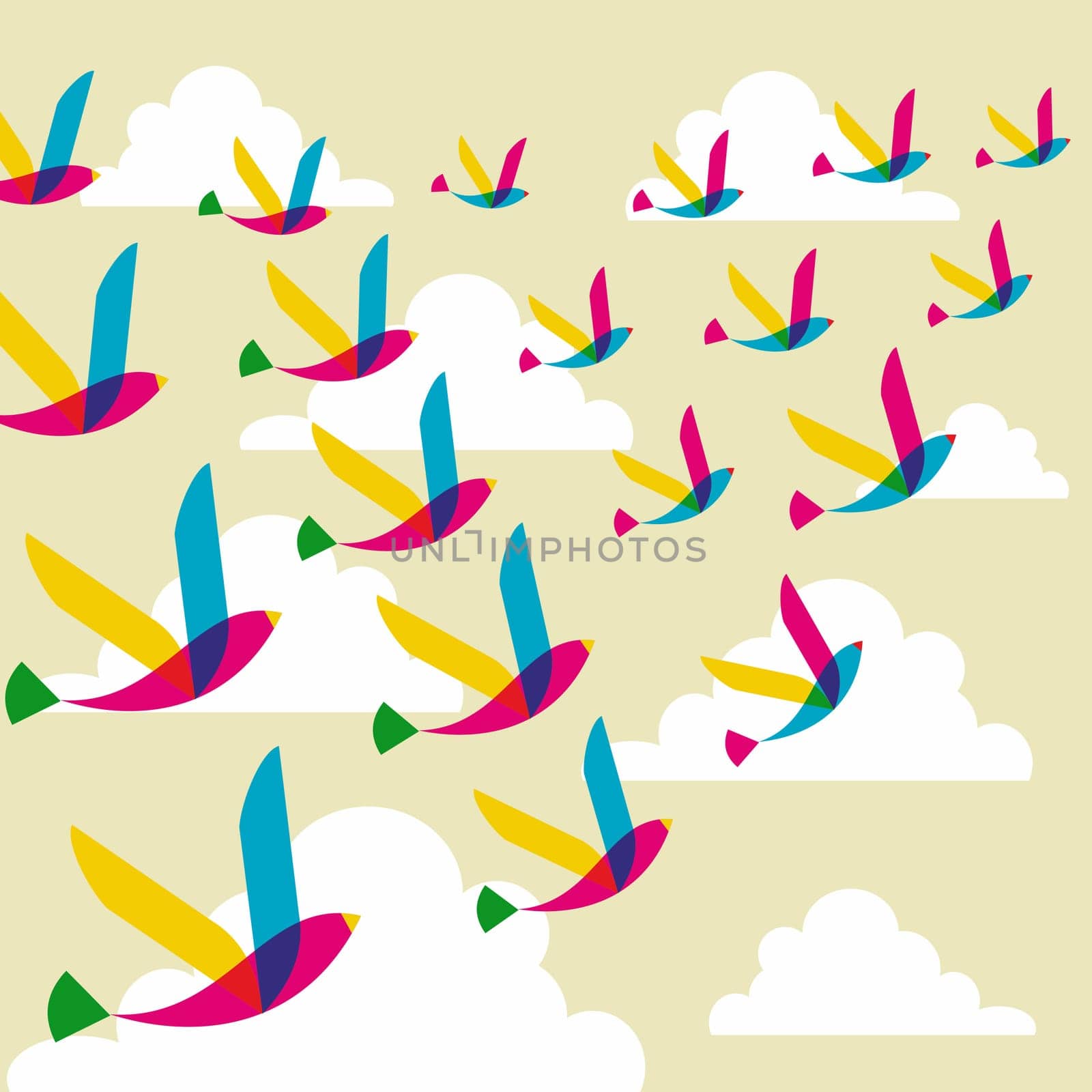 Spring transparency flying birds seamless pattern. Vector file layered for easy manipulation and custom coloring.