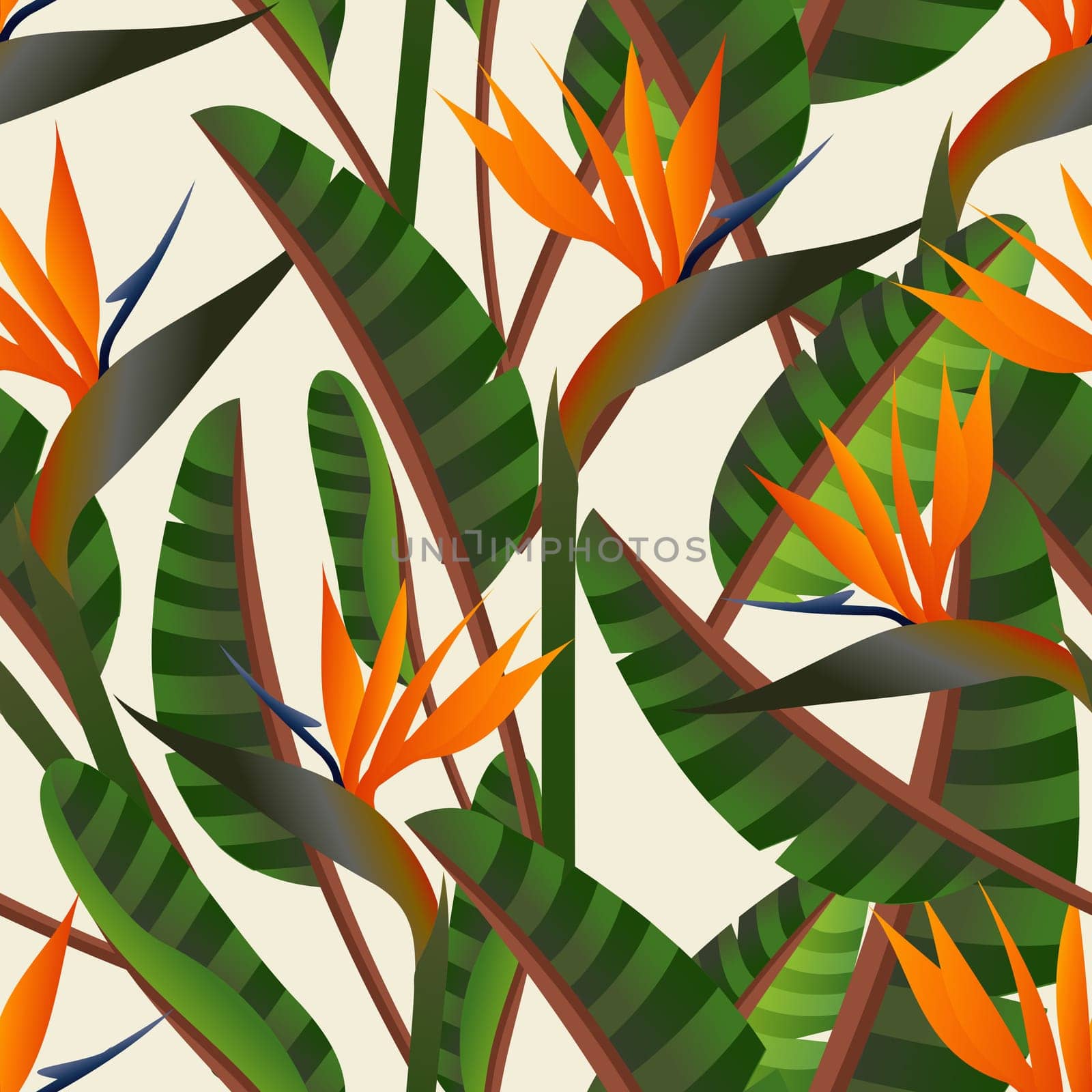 Spring time contemporary bird of the paradise flowers seamless pattern. Vector file layered for easy manipulation and custom coloring.