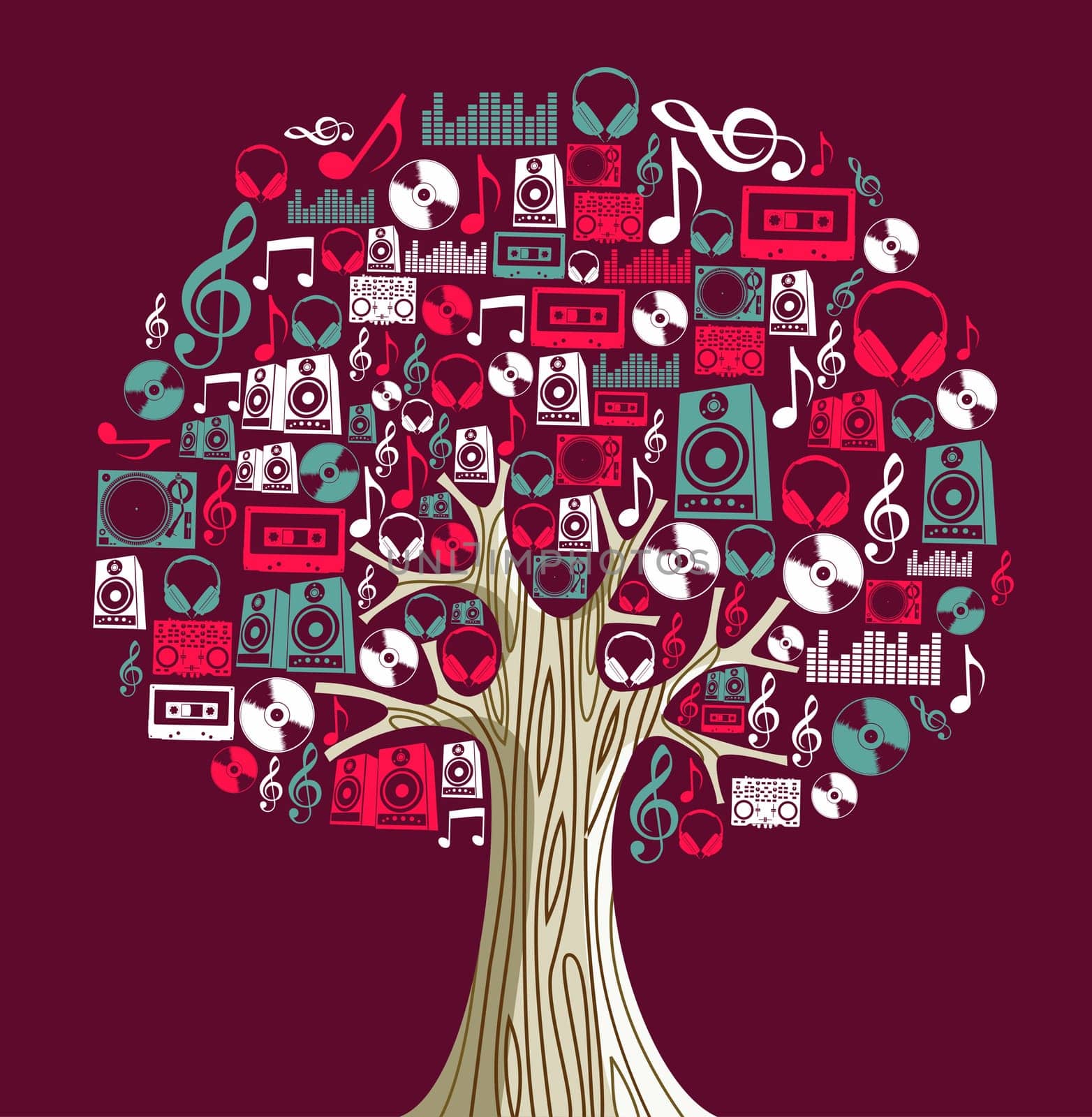 Abstract musical tree made with instruments shapes illustration. Vector file layered for easy manipulation and custom coloring.