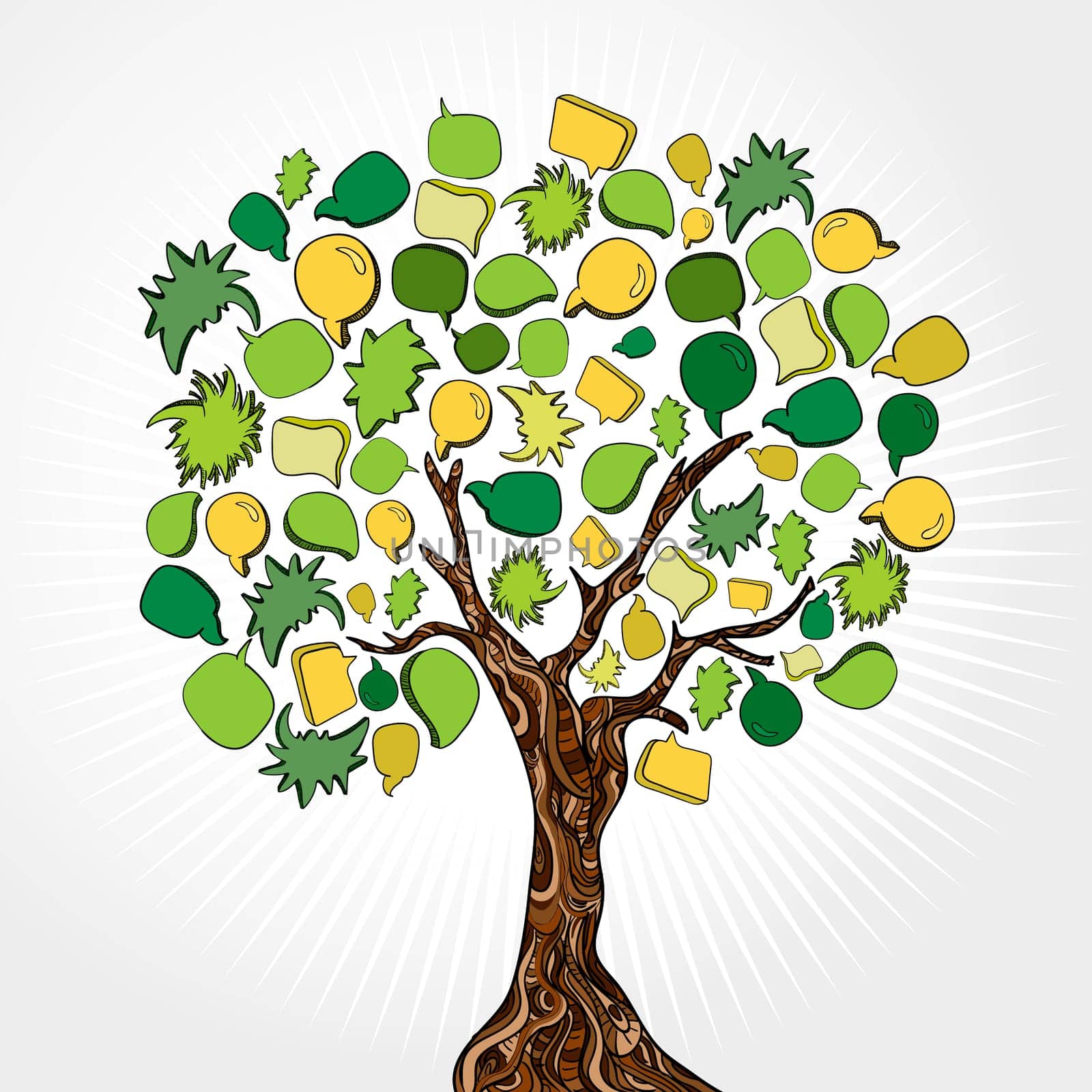 Social network tree with speech bubbles leaves. Vector illustration layered for easy manipulation and custom coloring.