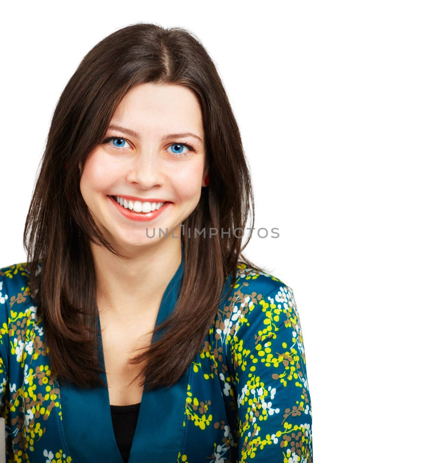 Beautiful young woman smiling portrait over white background.