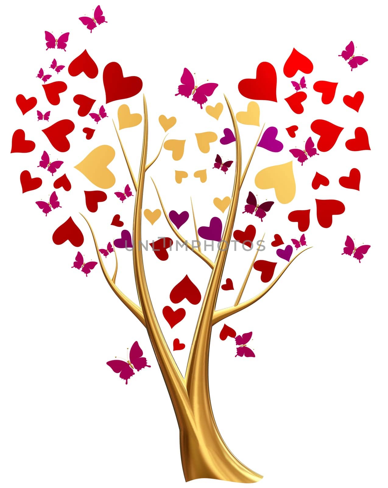 Beautiful golden tree with ruby red and lilac heart-shaped leafs, and flying butterflies around tree