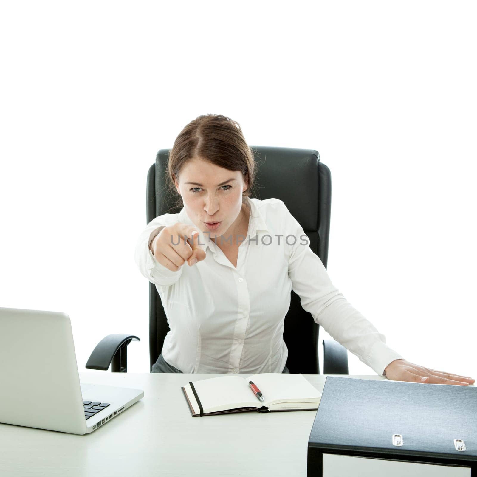 young brunette business woman want you behind her desk