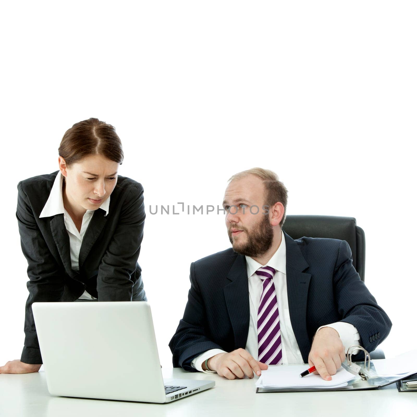 beard business man brunette woman at desk show documents