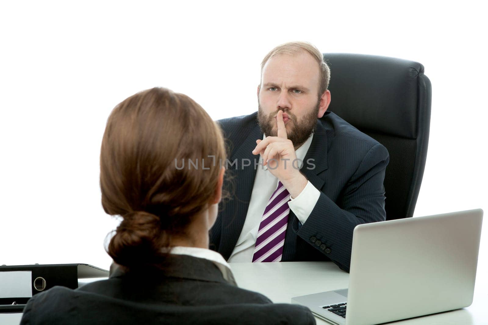 beard business man brunette woman at desk has secret